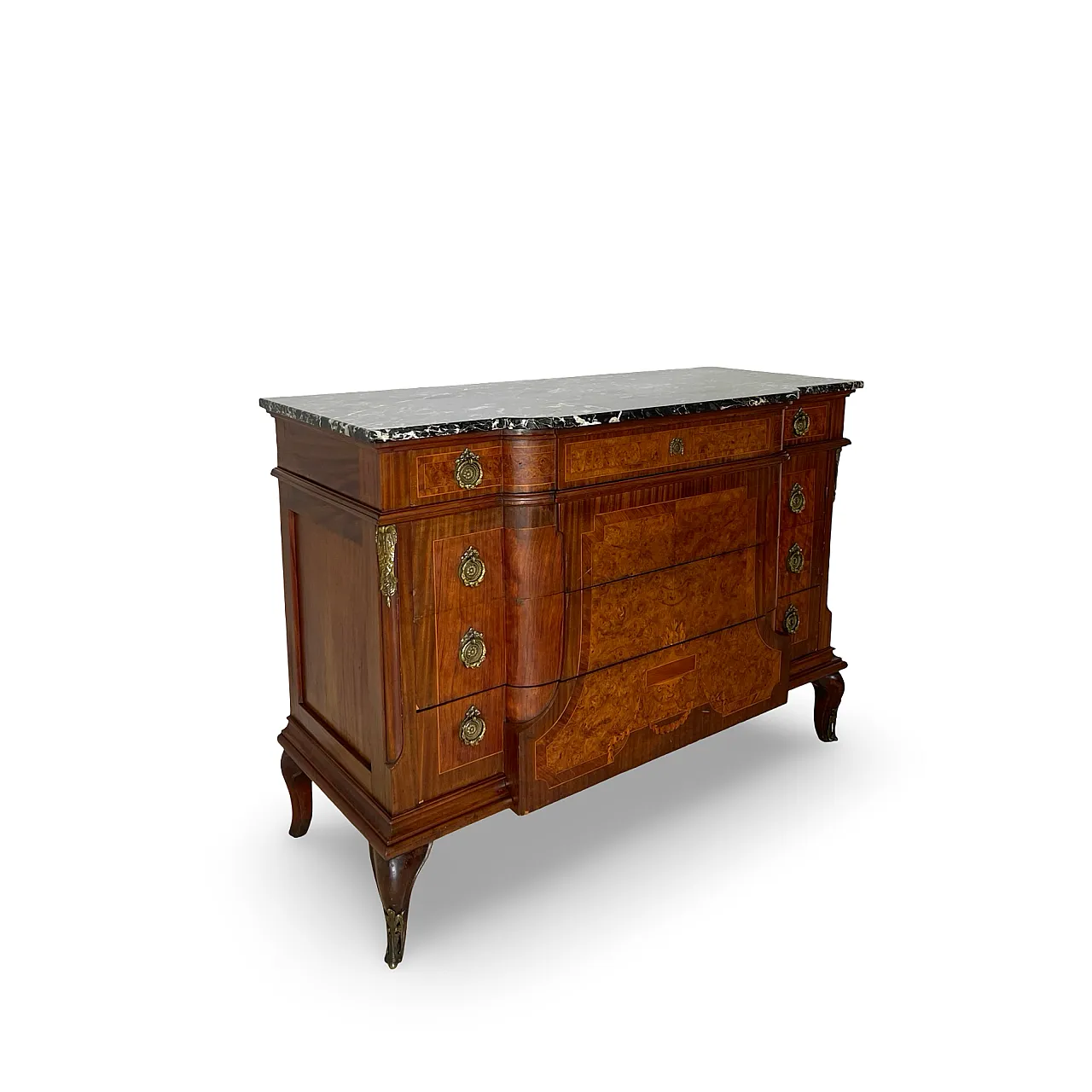 Threaded chest of drawers inlaid with white/grey veined black marble 11