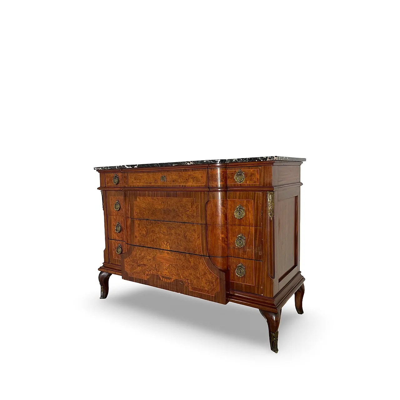 Threaded chest of drawers inlaid with white/grey veined black marble 12