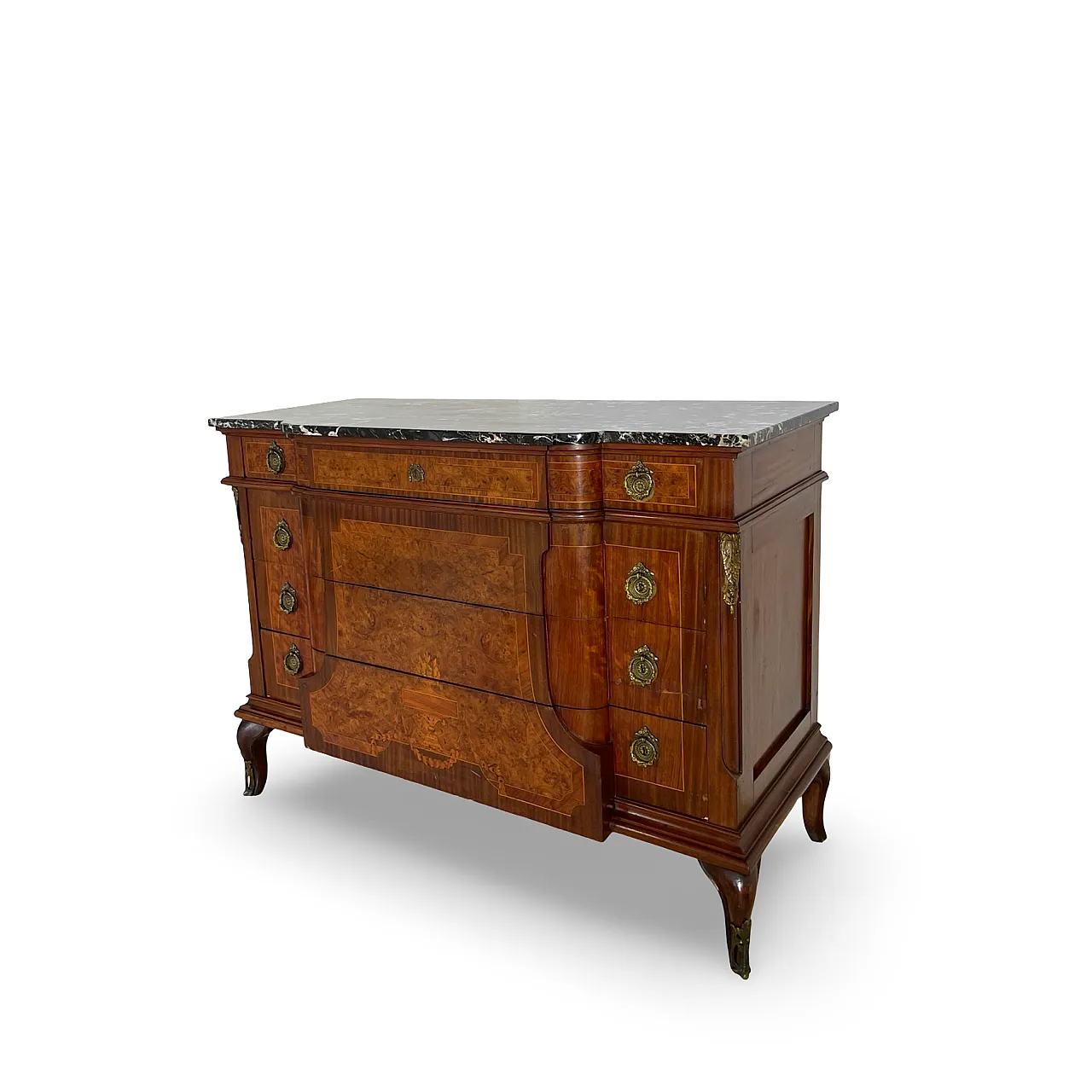 Threaded chest of drawers inlaid with white/grey veined black marble 13
