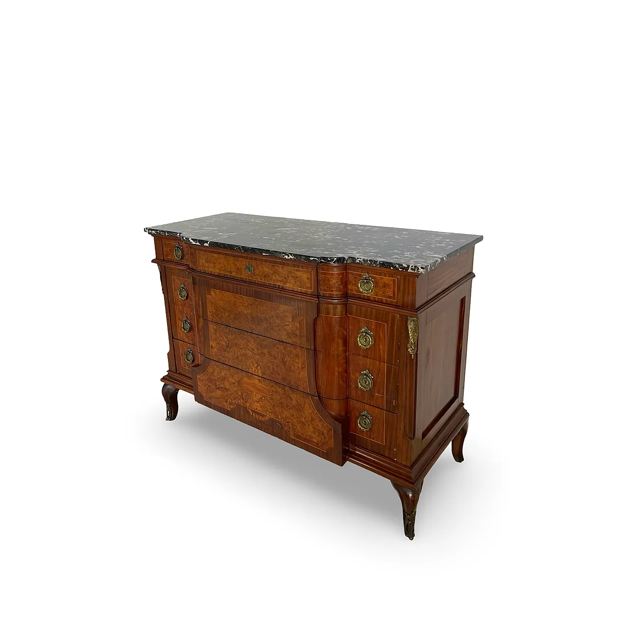 Threaded chest of drawers inlaid with white/grey veined black marble 14