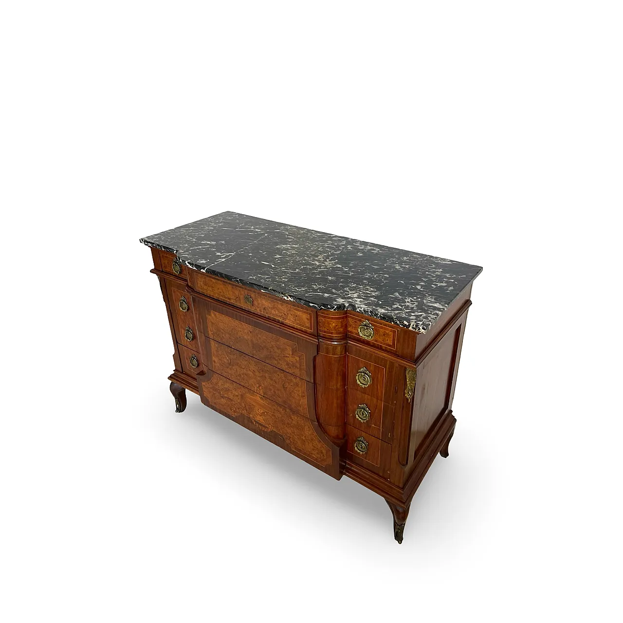 Threaded chest of drawers inlaid with white/grey veined black marble 15
