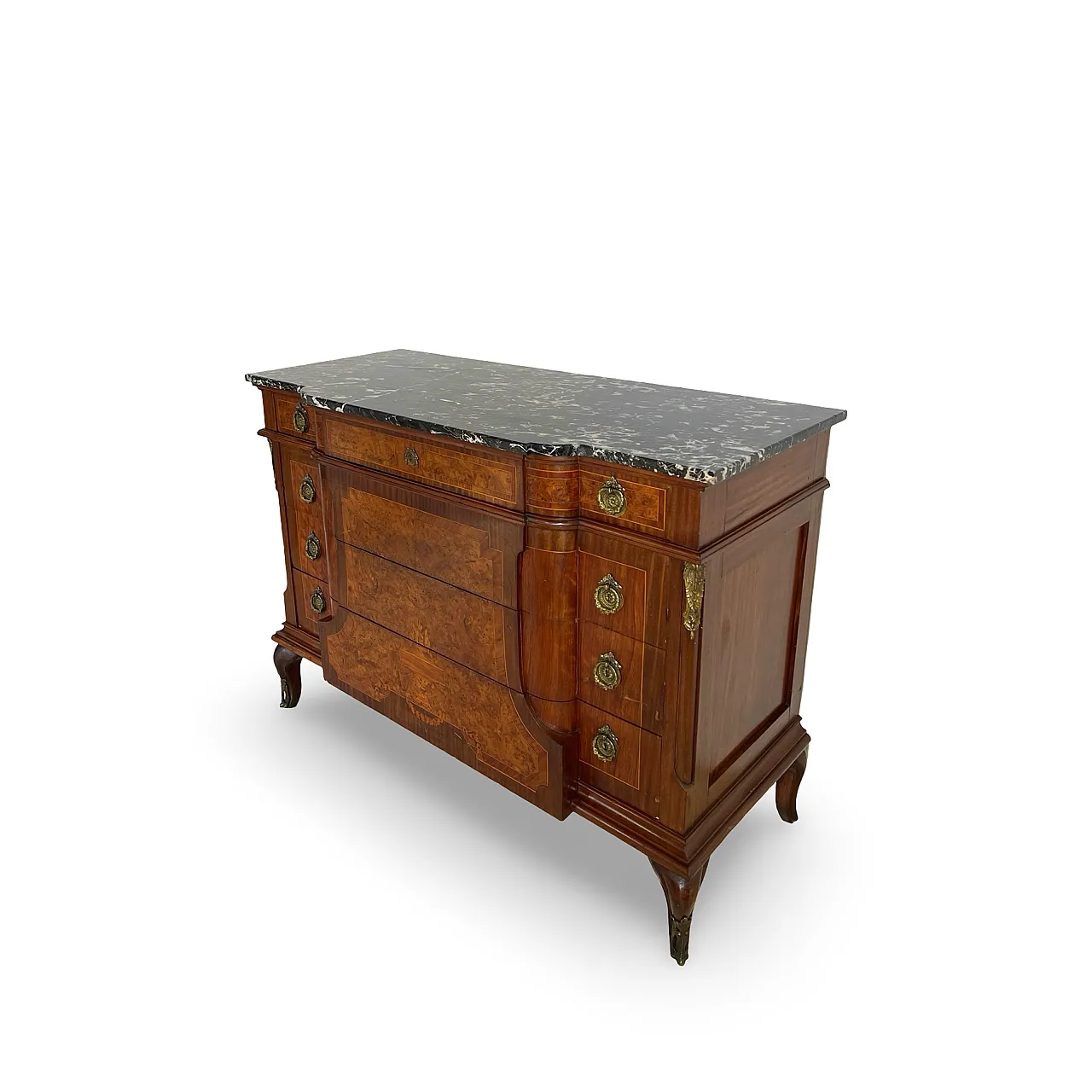 Threaded chest of drawers inlaid with white/grey veined black marble 16