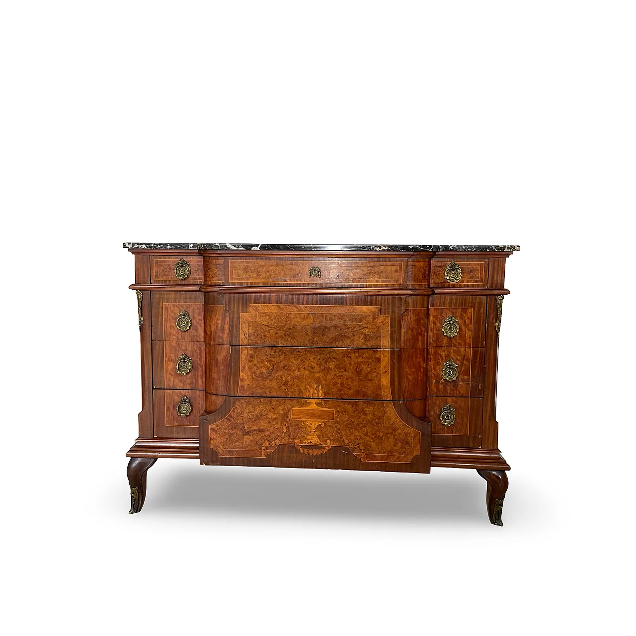 Threaded chest of drawers inlaid with white/grey veined black marble 17