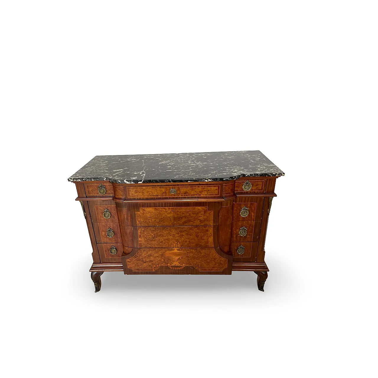 Threaded chest of drawers inlaid with white/grey veined black marble 18