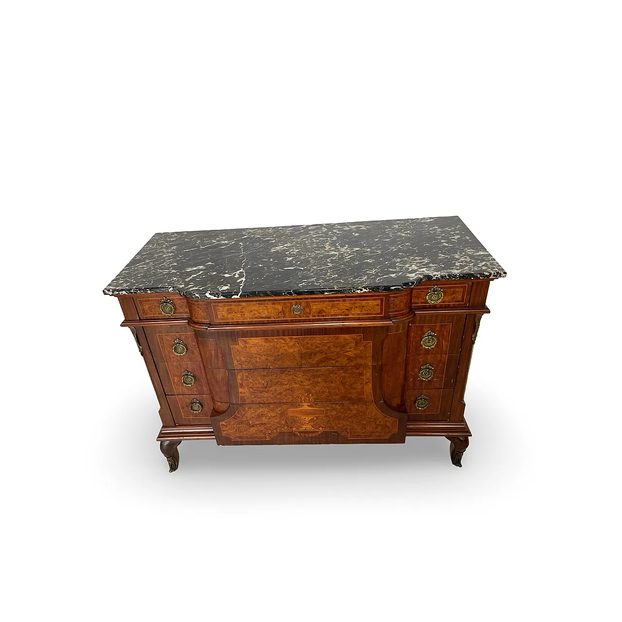 Threaded chest of drawers inlaid with white/grey veined black marble 19