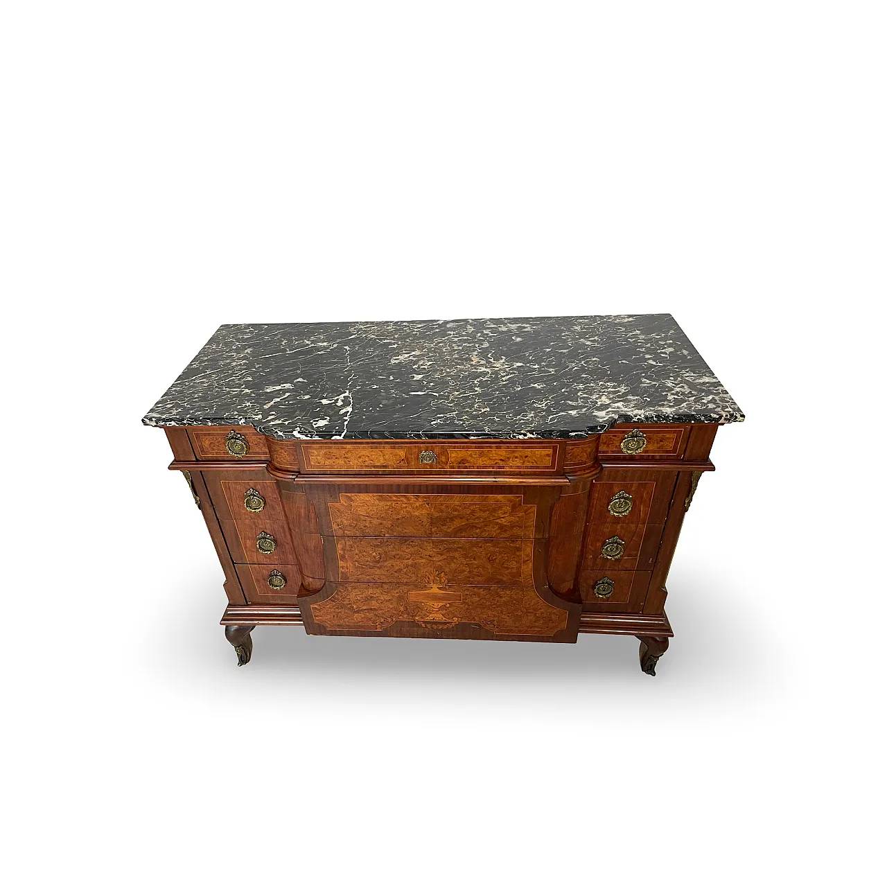 Threaded chest of drawers inlaid with white/grey veined black marble 20