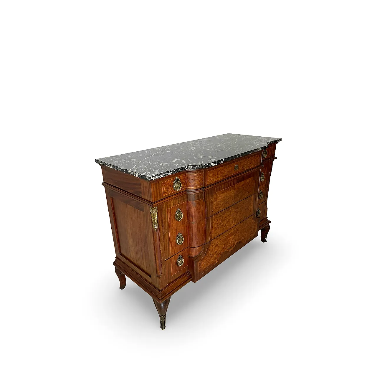 Threaded chest of drawers inlaid with white/grey veined black marble 21