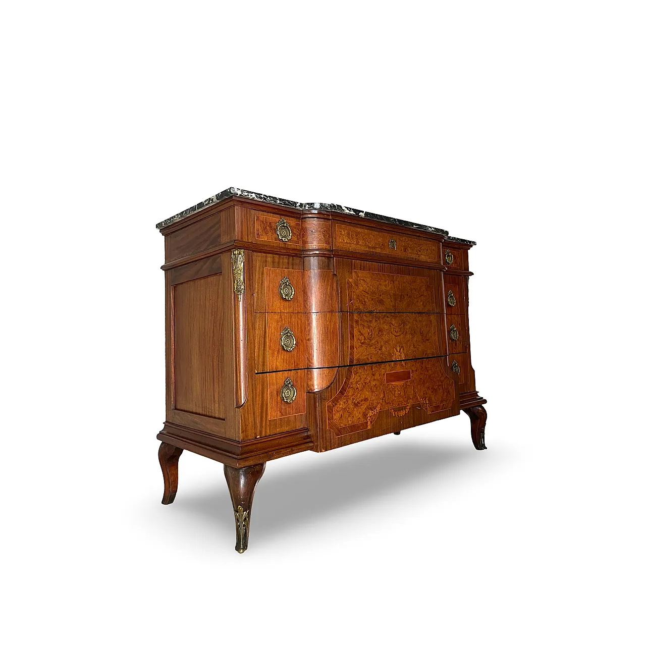 Threaded chest of drawers inlaid with white/grey veined black marble 22
