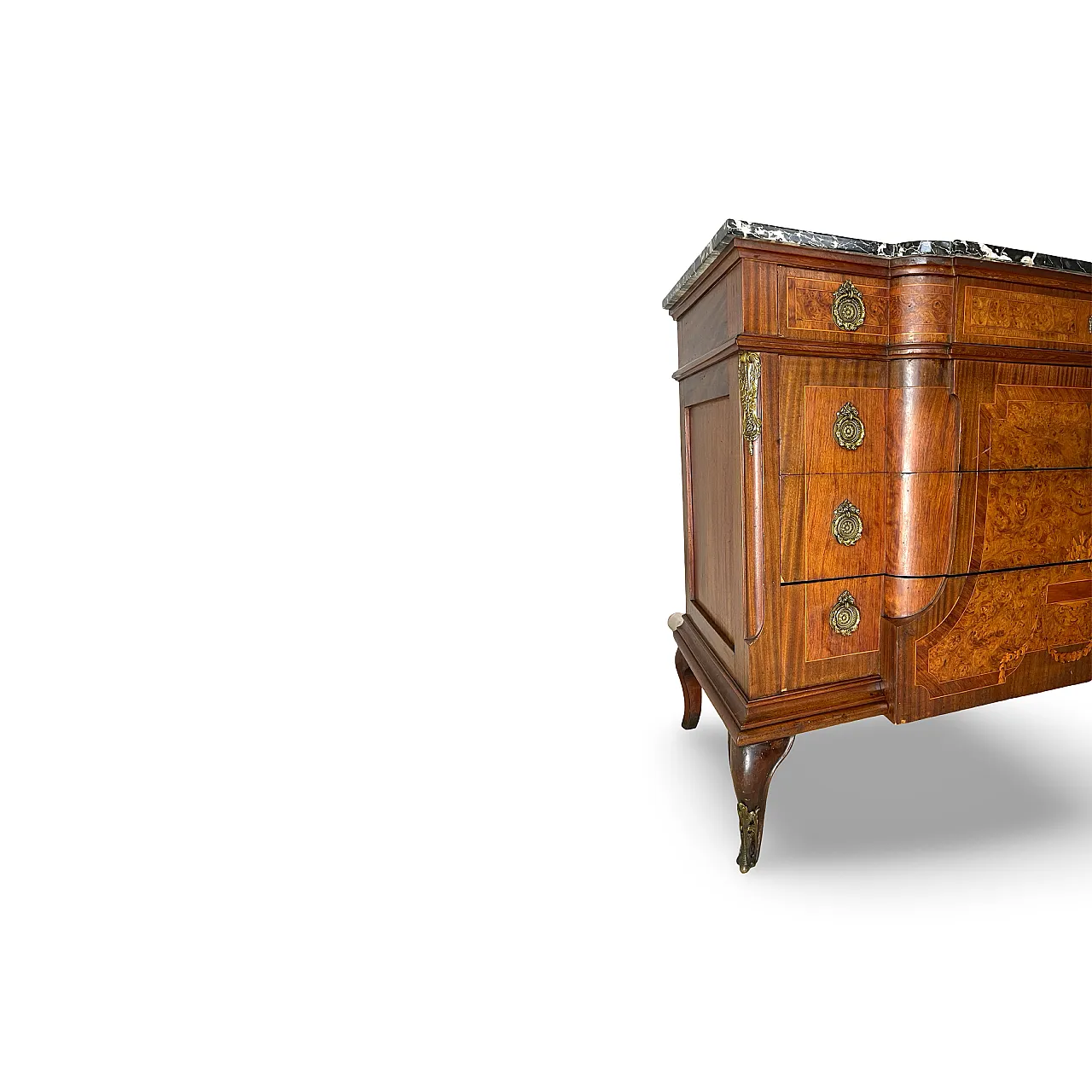 Threaded chest of drawers inlaid with white/grey veined black marble 24