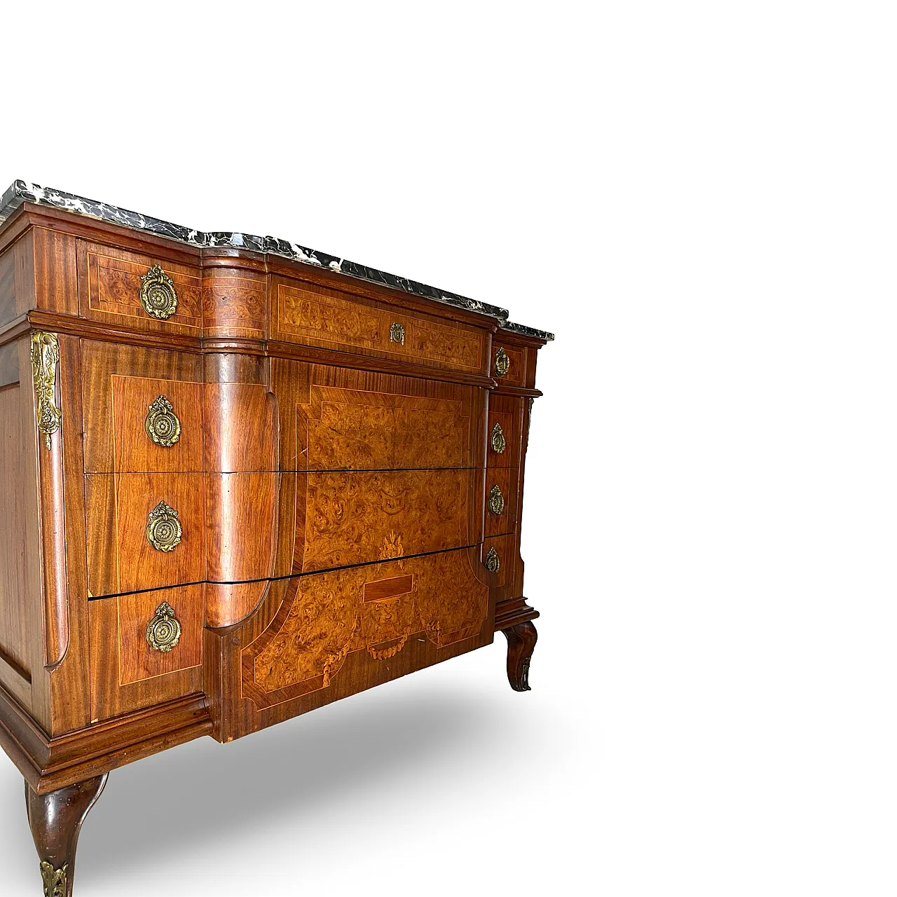 Threaded chest of drawers inlaid with white/grey veined black marble 25