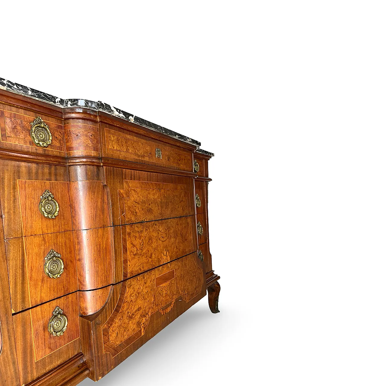 Threaded chest of drawers inlaid with white/grey veined black marble 27