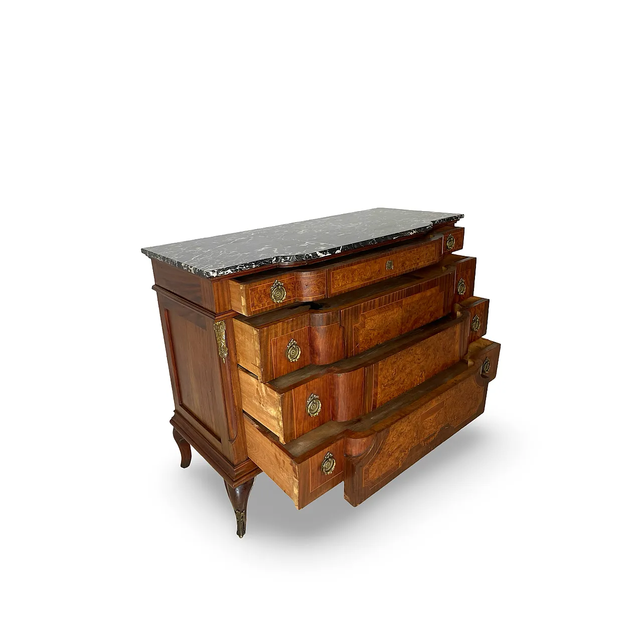 Threaded chest of drawers inlaid with white/grey veined black marble 28