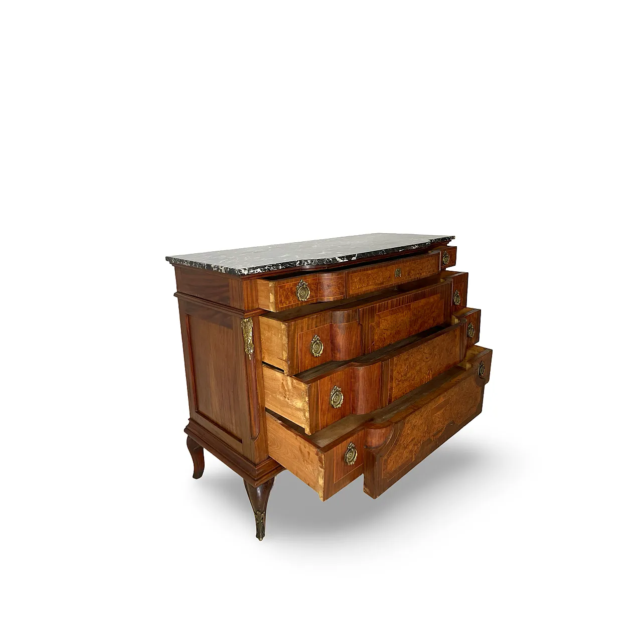 Threaded chest of drawers inlaid with white/grey veined black marble 30