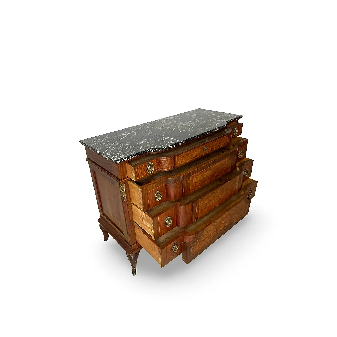 Threaded chest of drawers inlaid with white/grey veined black marble 31