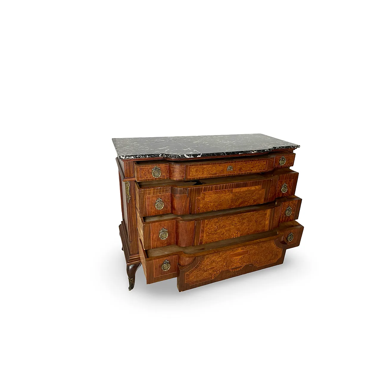 Threaded chest of drawers inlaid with white/grey veined black marble 32