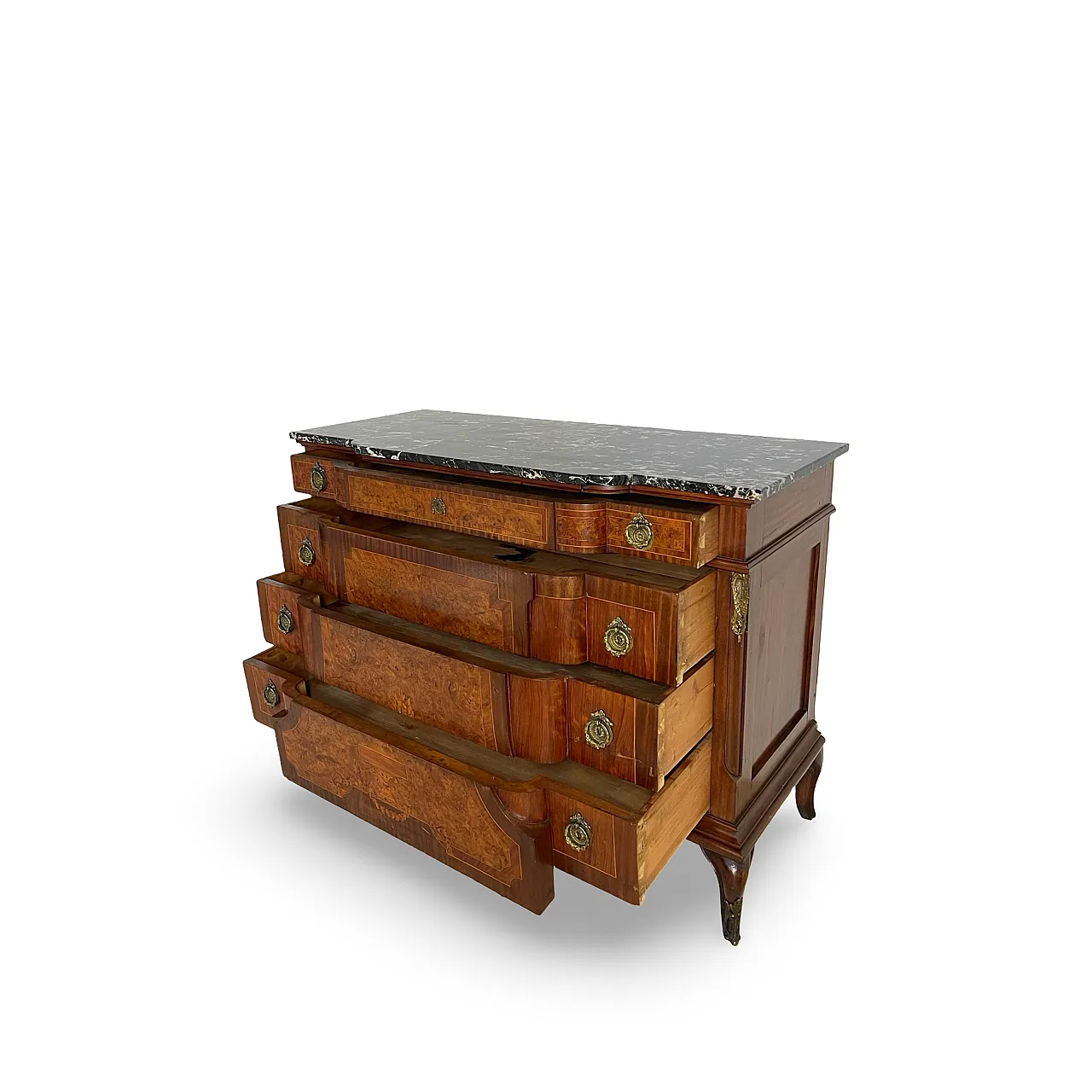 Threaded chest of drawers inlaid with white/grey veined black marble 33