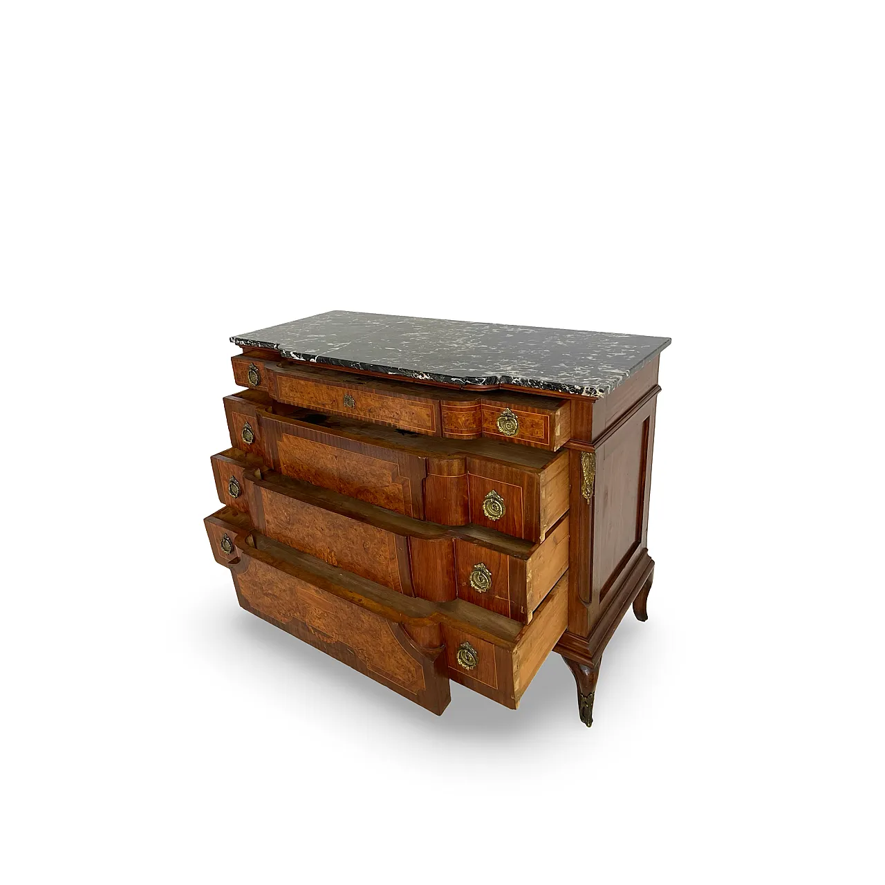 Threaded chest of drawers inlaid with white/grey veined black marble 34