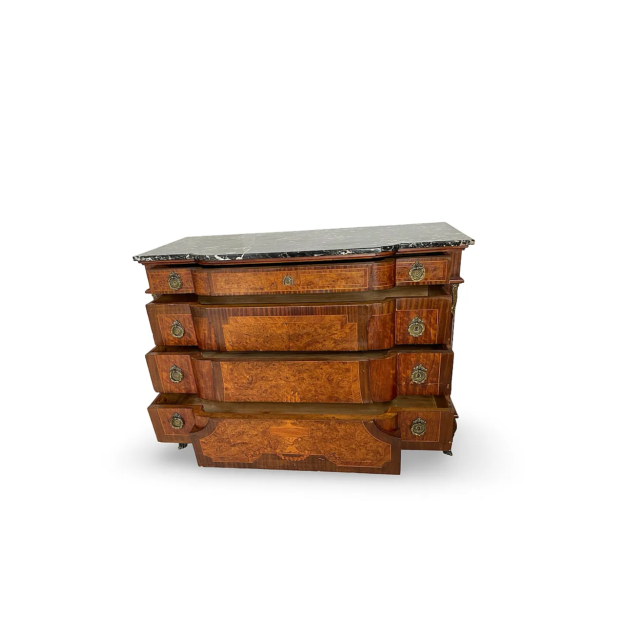 Threaded chest of drawers inlaid with white/grey veined black marble 35