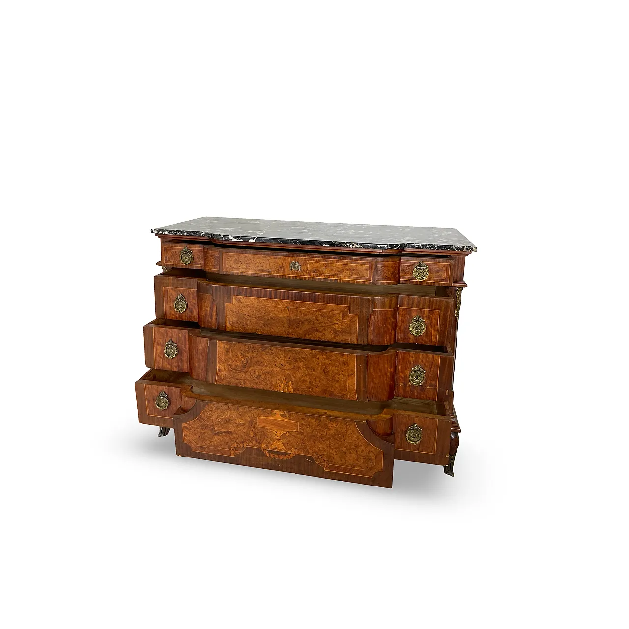Threaded chest of drawers inlaid with white/grey veined black marble 36