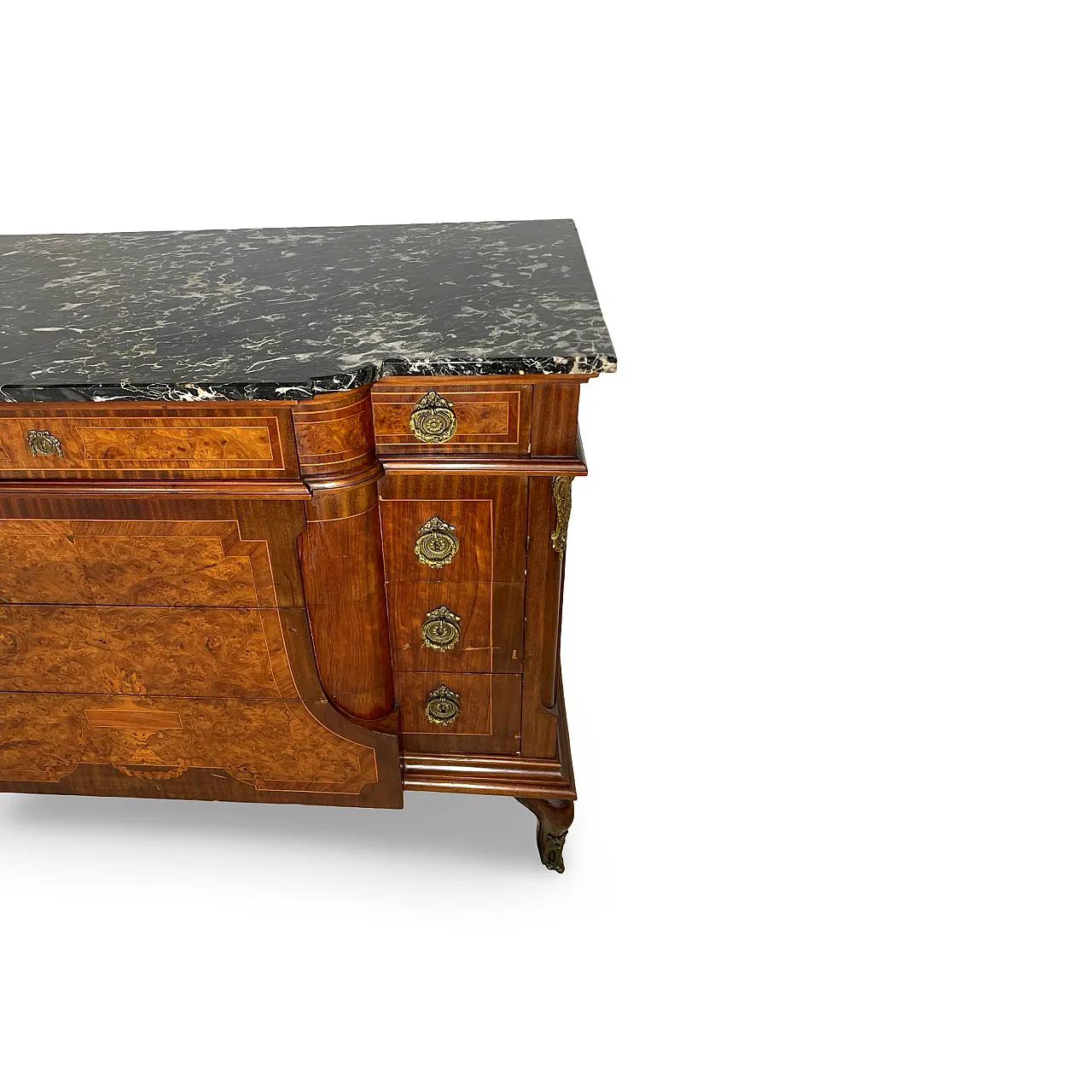 Threaded chest of drawers inlaid with white/grey veined black marble 39