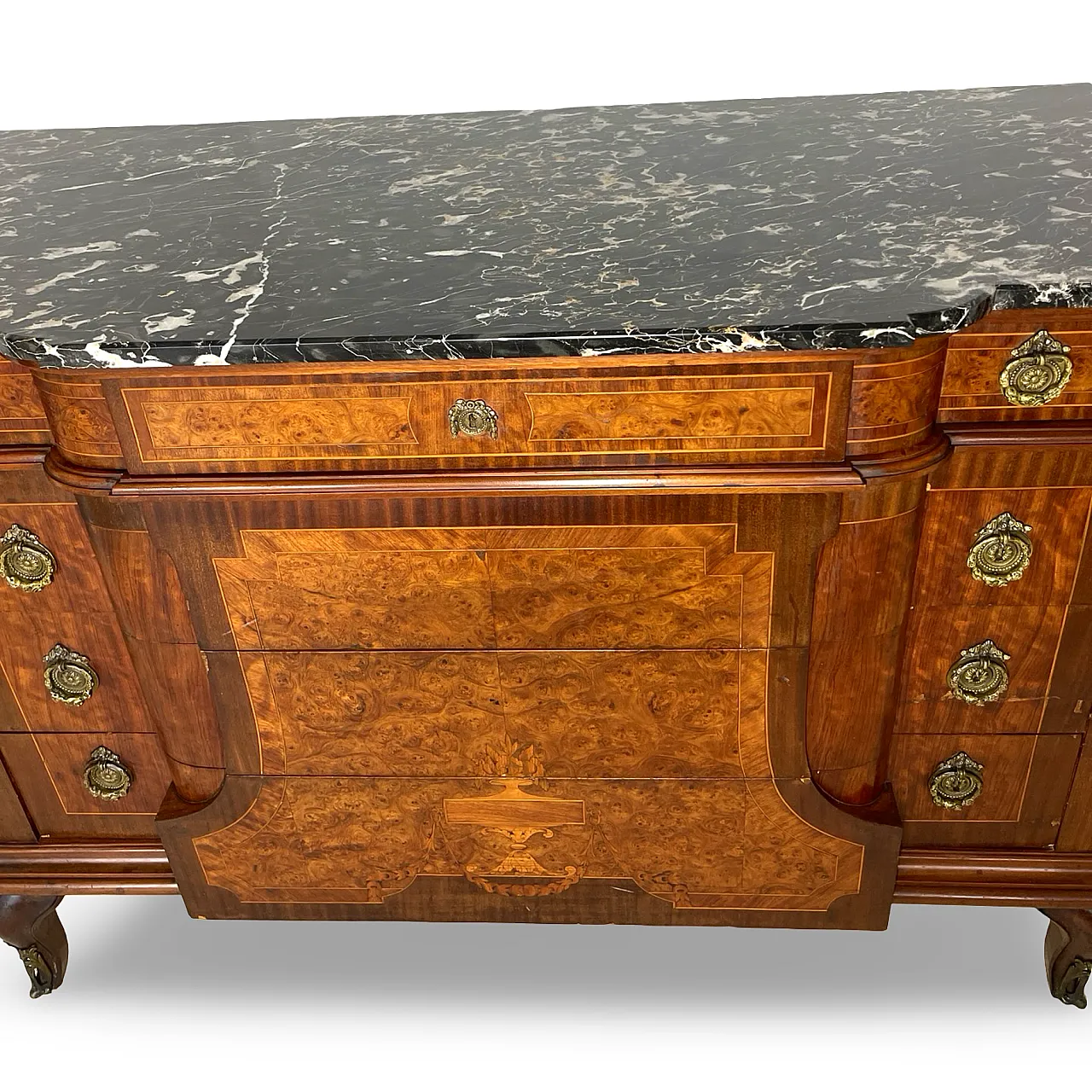 Threaded chest of drawers inlaid with white/grey veined black marble 40