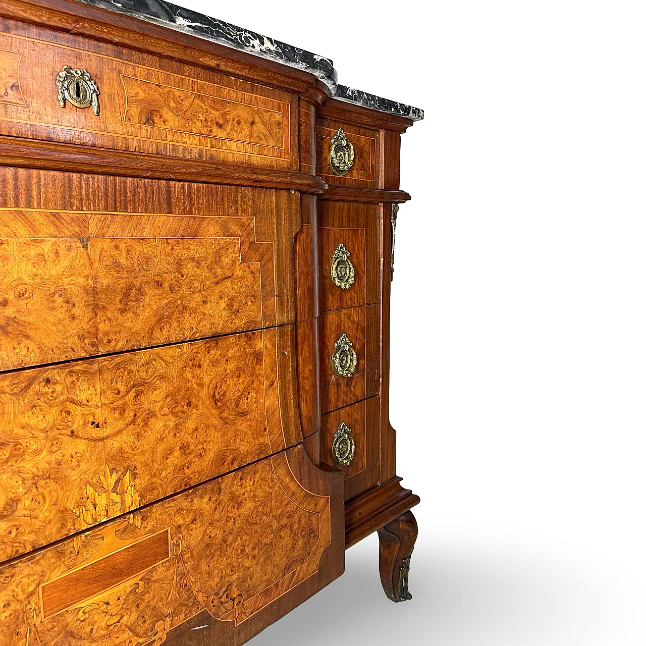 Threaded chest of drawers inlaid with white/grey veined black marble 42