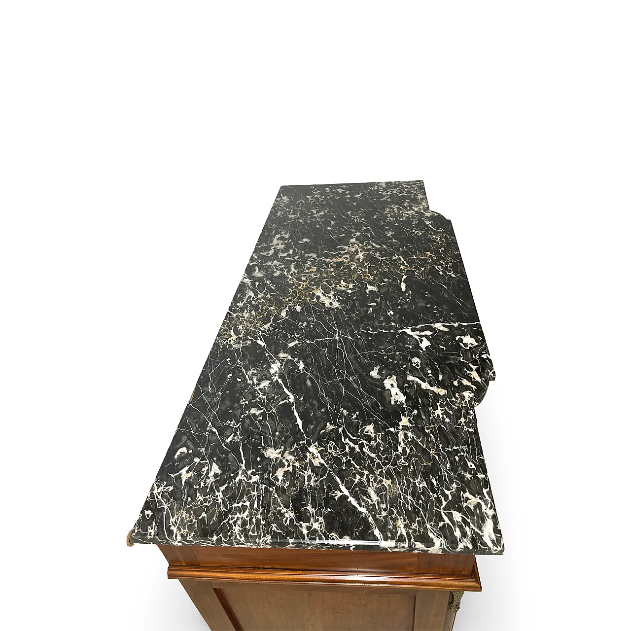 Threaded chest of drawers inlaid with white/grey veined black marble 45