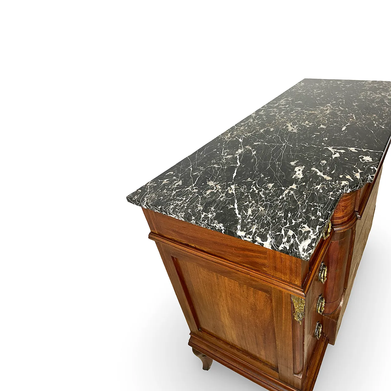 Threaded chest of drawers inlaid with white/grey veined black marble 48