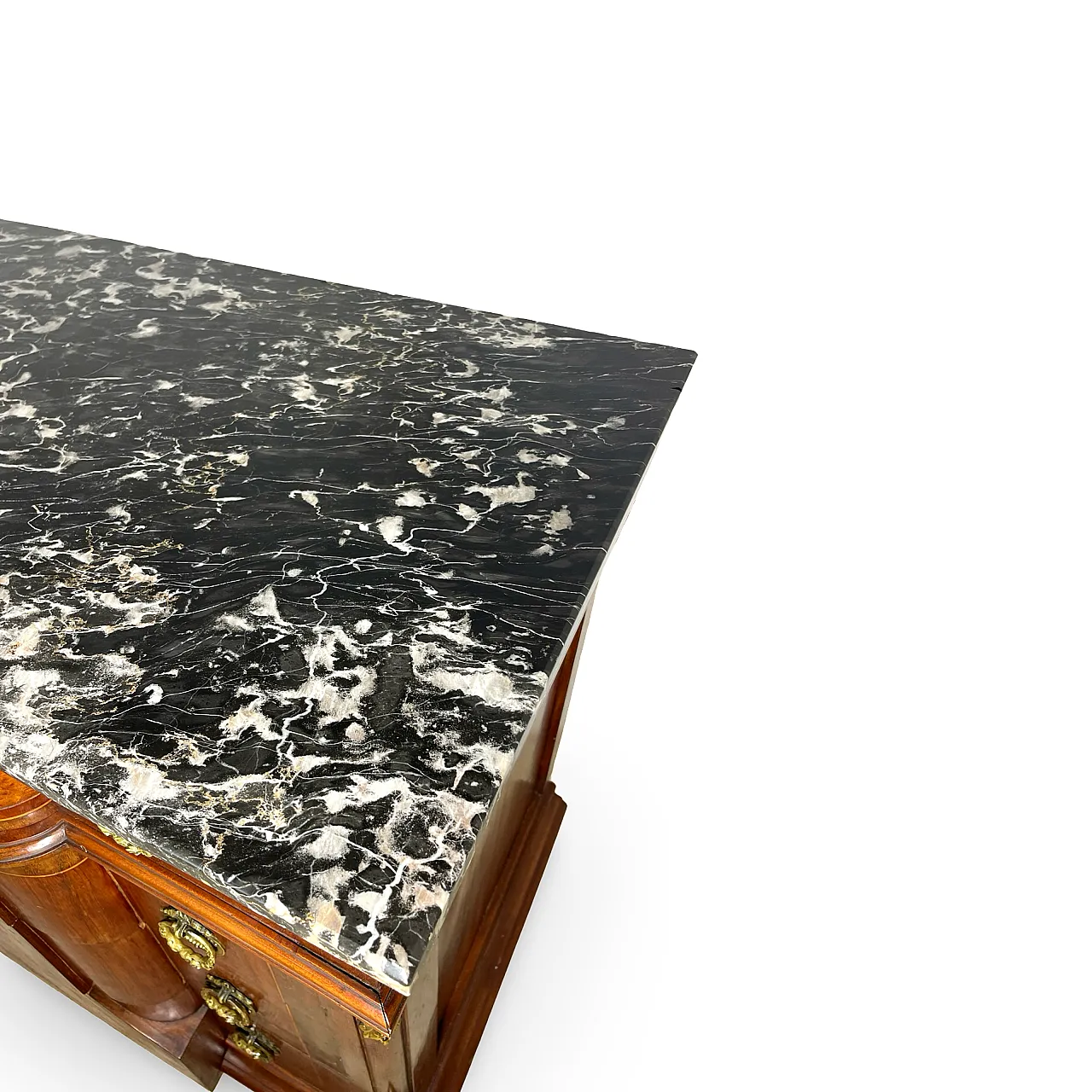Threaded chest of drawers inlaid with white/grey veined black marble 49