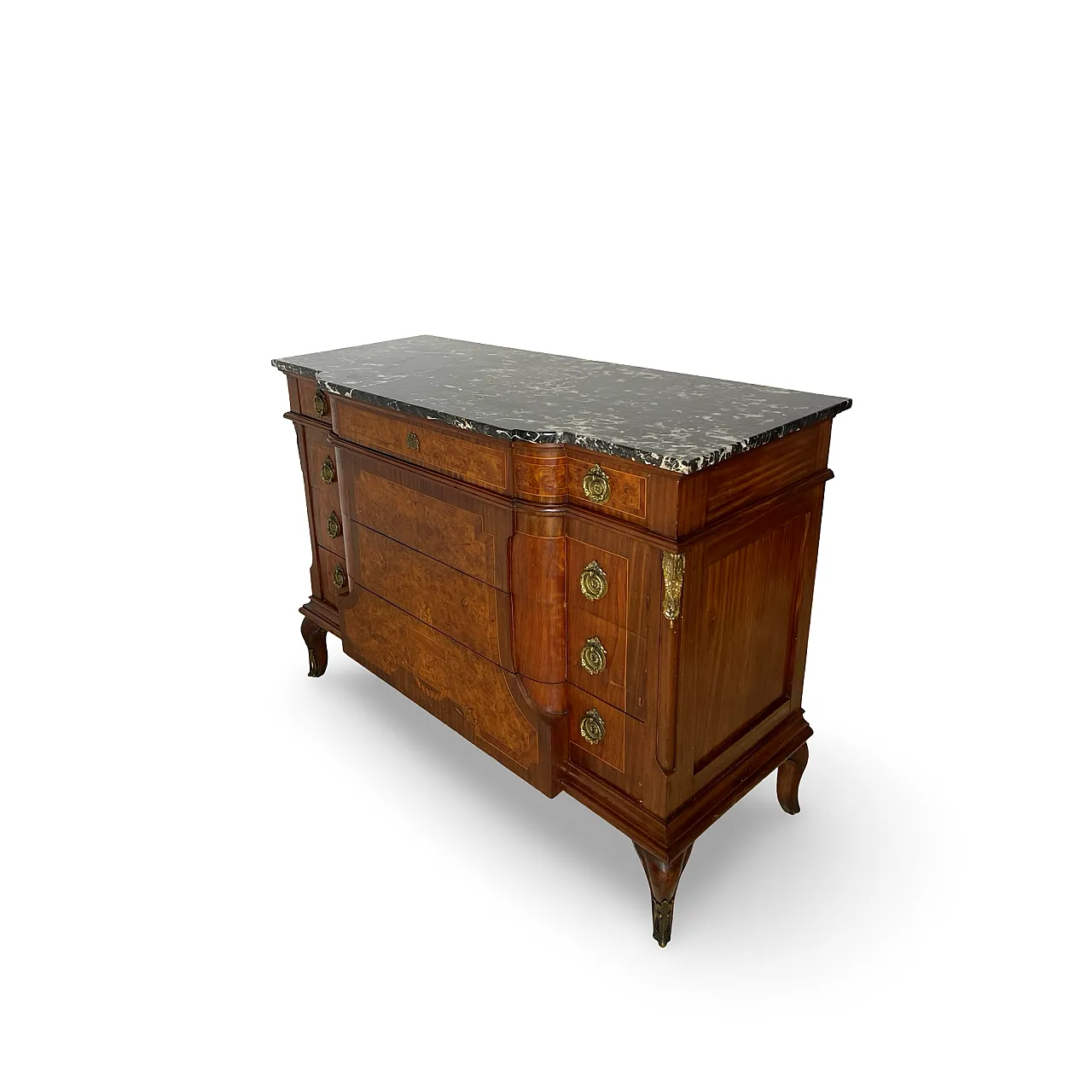 Threaded chest of drawers inlaid with white/grey veined black marble 65