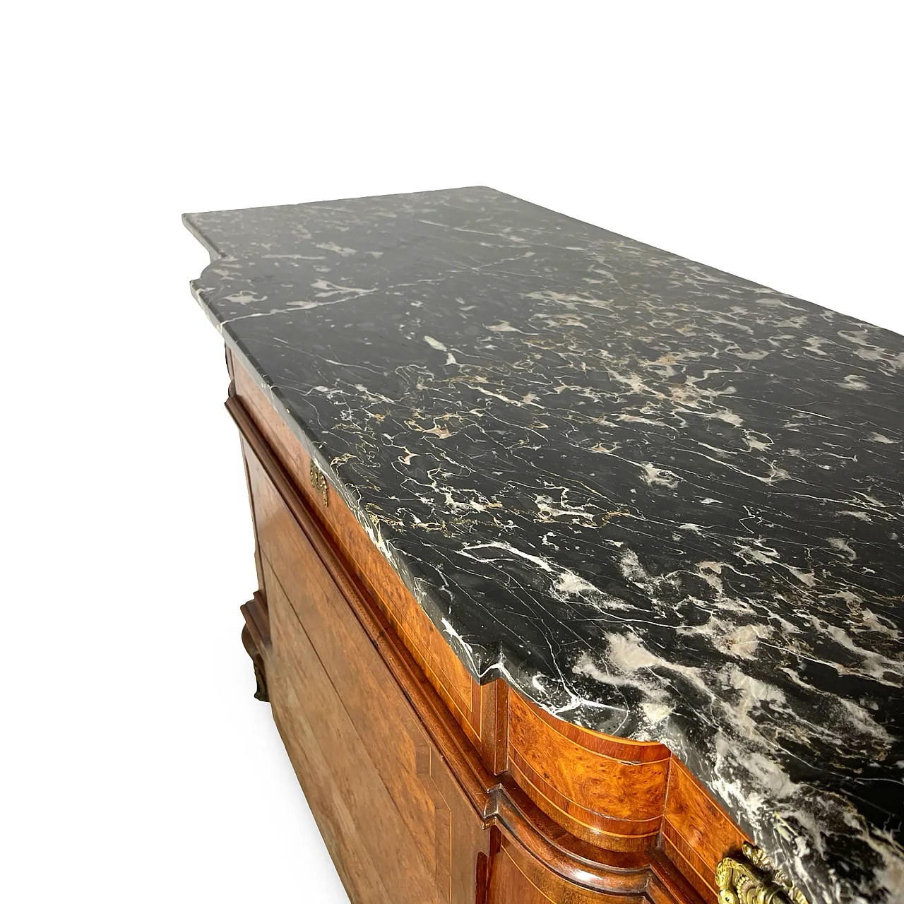 Threaded chest of drawers inlaid with white/grey veined black marble 69