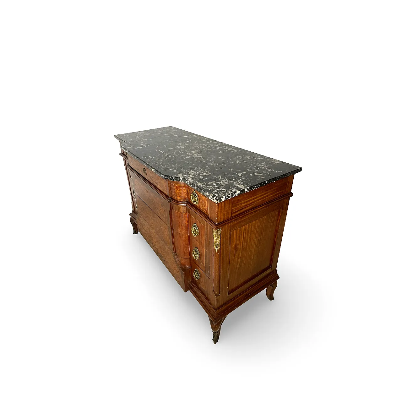Threaded chest of drawers inlaid with white/grey veined black marble 72