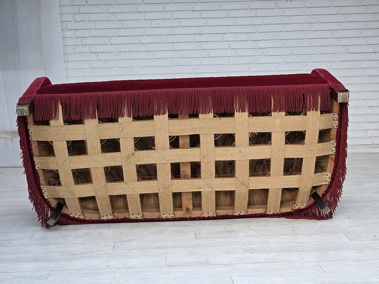 1960s, Danish 2-seater sofa, red furniture velour, ash wood legs. 4