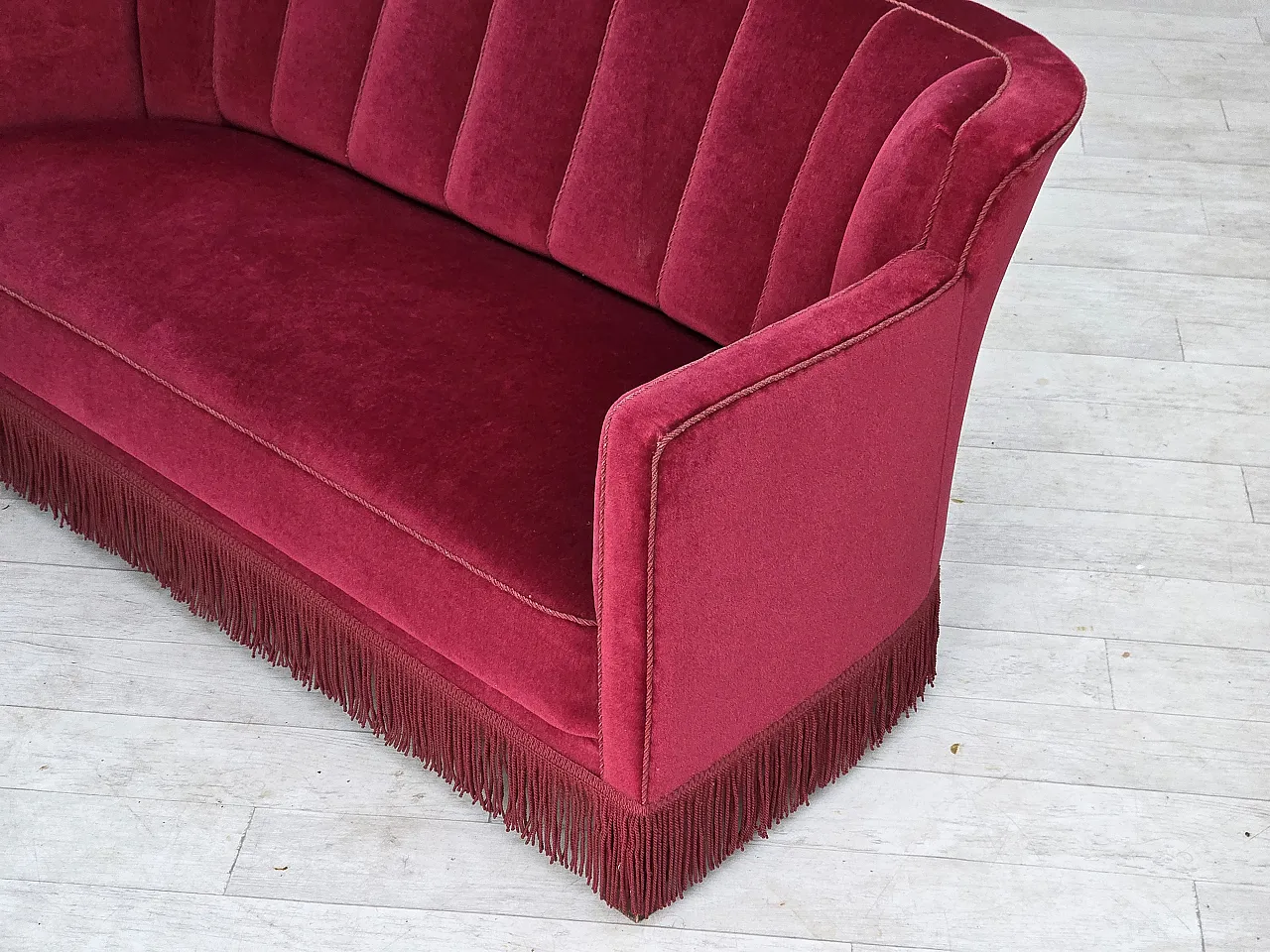 1960s, Danish 2-seater sofa, red furniture velour, ash wood legs. 5