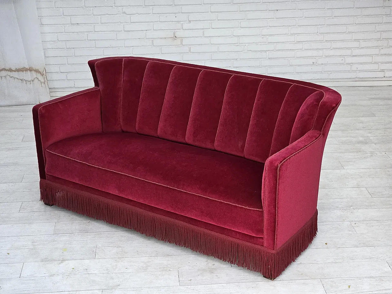 1960s, Danish 2-seater sofa, red furniture velour, ash wood legs. 6