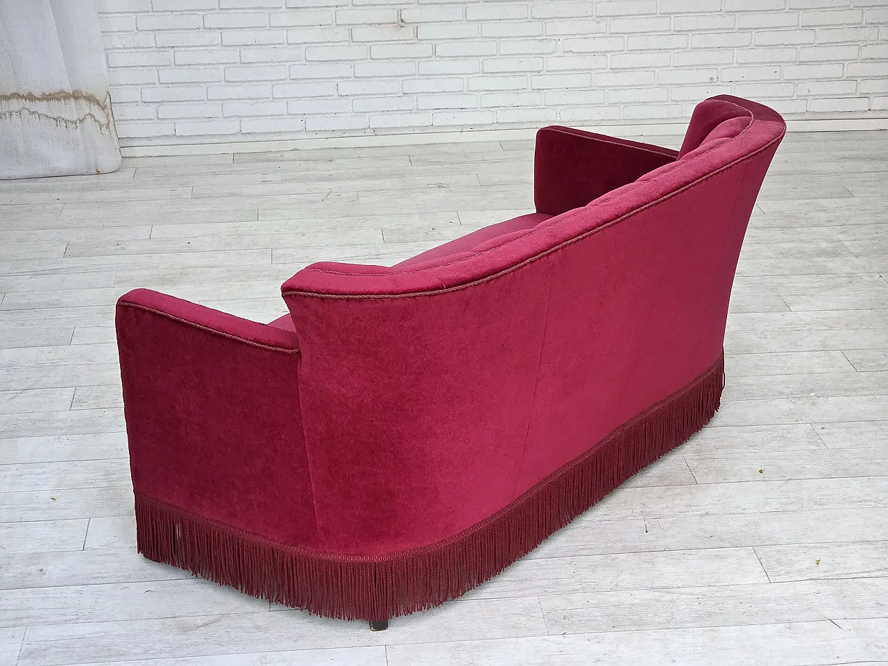 1960s, Danish 2-seater sofa, red furniture velour, ash wood legs. 7