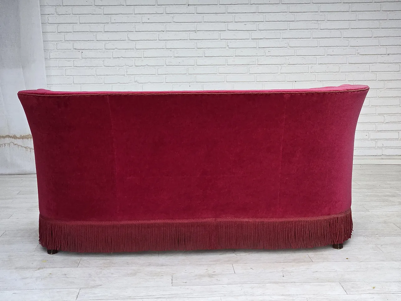 1960s, Danish 2-seater sofa, red furniture velour, ash wood legs. 8