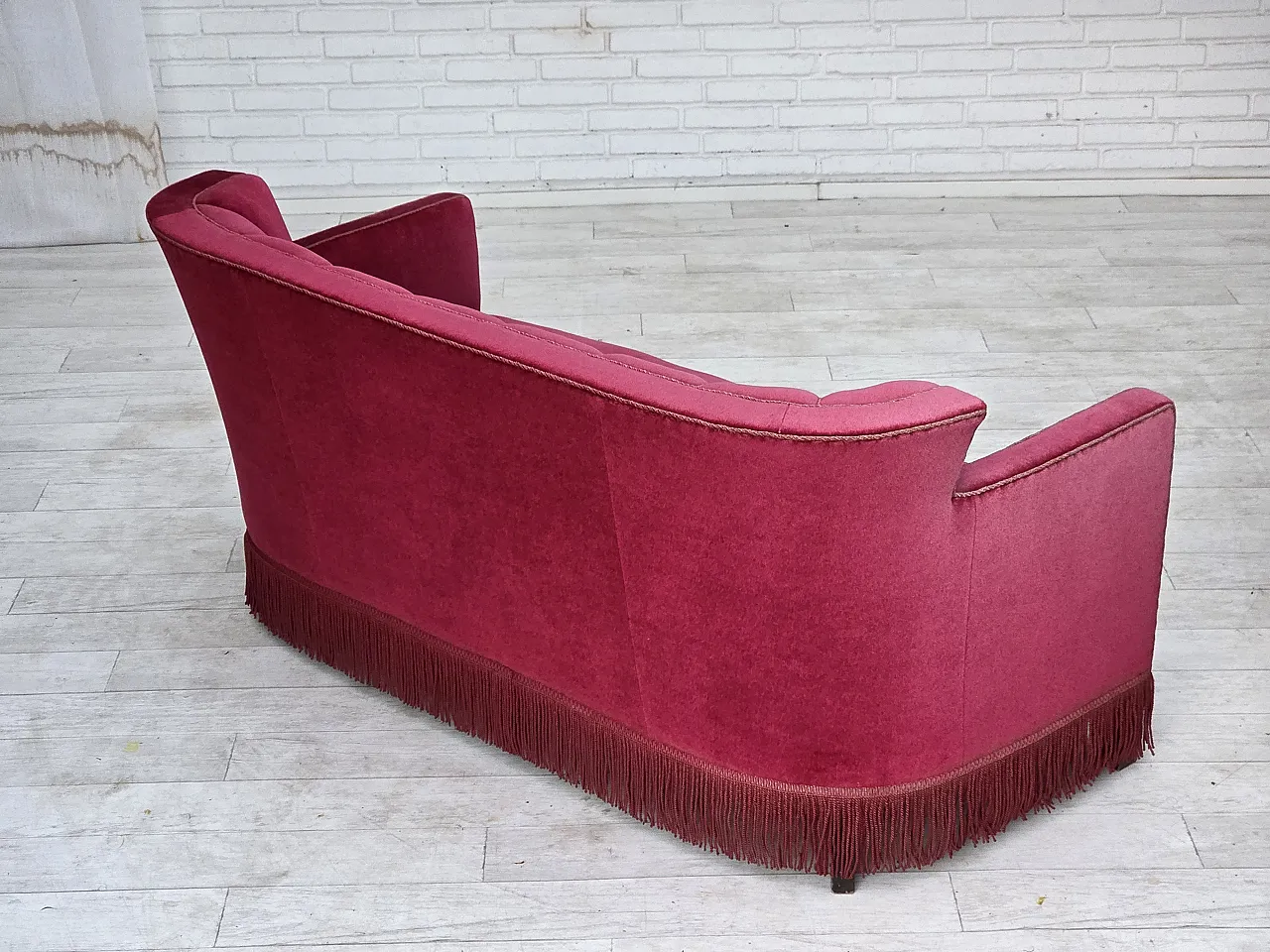 1960s, Danish 2-seater sofa, red furniture velour, ash wood legs. 9