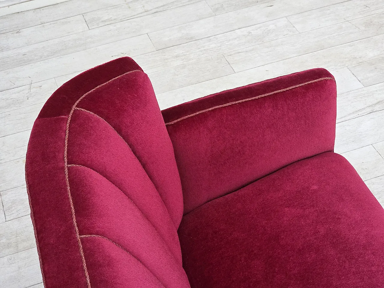 1960s, Danish 2-seater sofa, red furniture velour, ash wood legs. 10