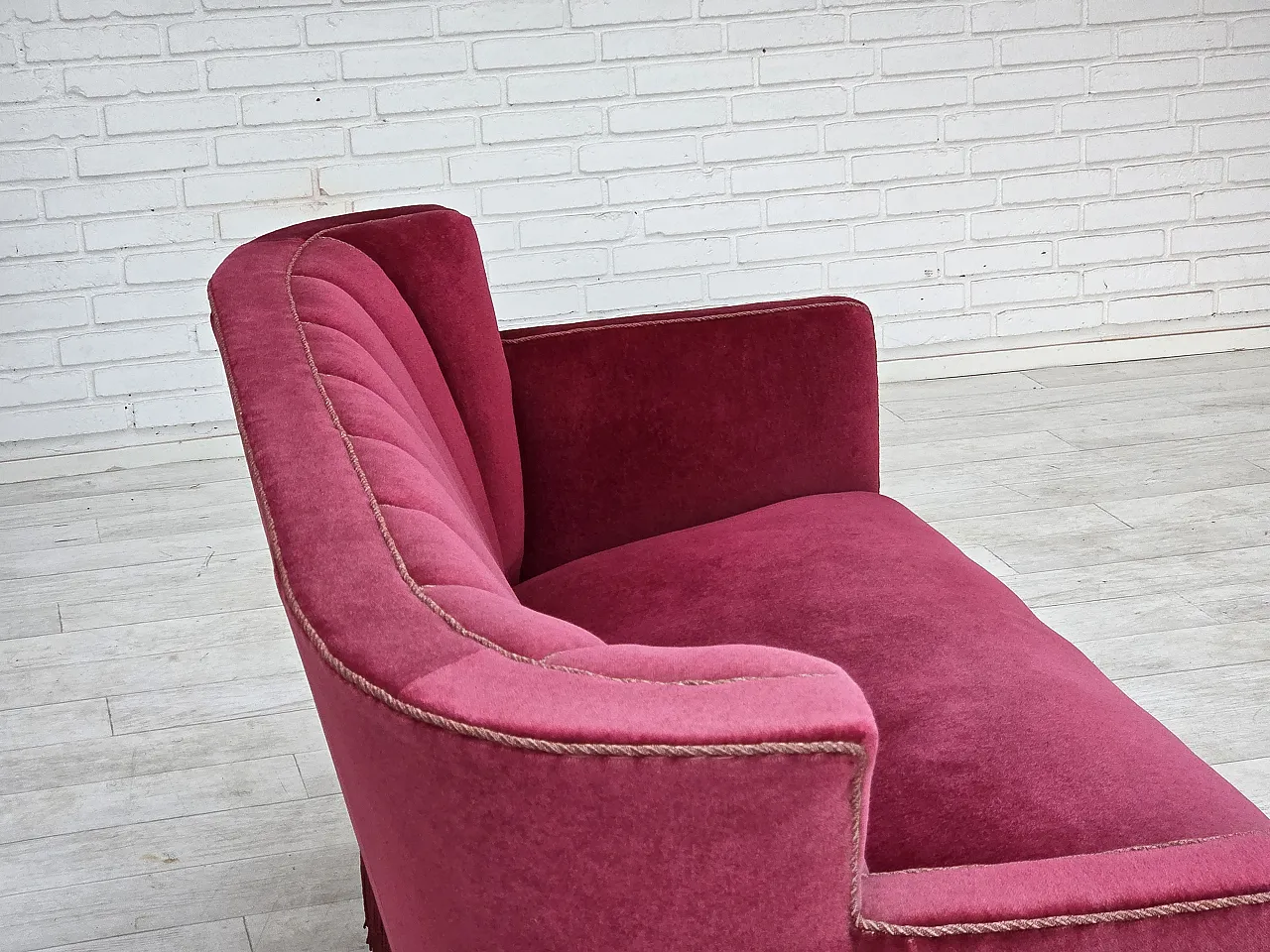 1960s, Danish 2-seater sofa, red furniture velour, ash wood legs. 11