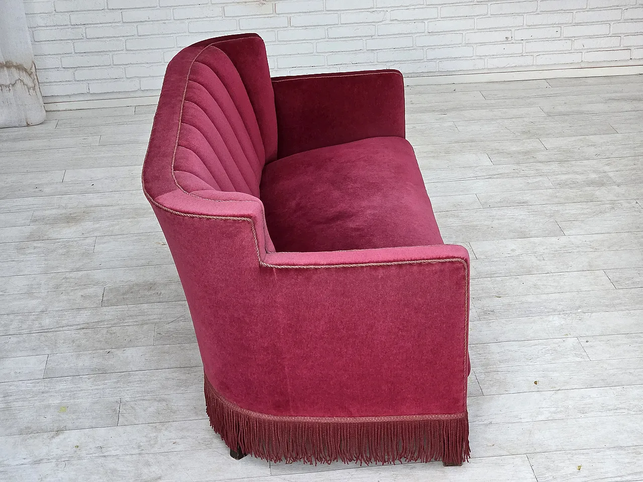 1960s, Danish 2-seater sofa, red furniture velour, ash wood legs. 12