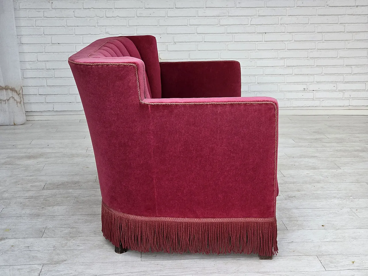 1960s, Danish 2-seater sofa, red furniture velour, ash wood legs. 13