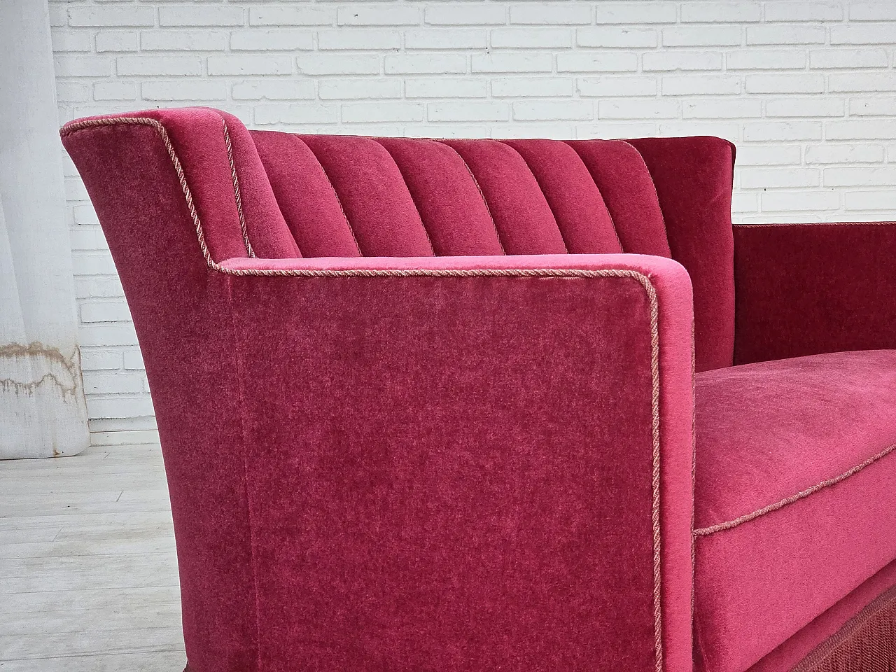 1960s, Danish 2-seater sofa, red furniture velour, ash wood legs. 14