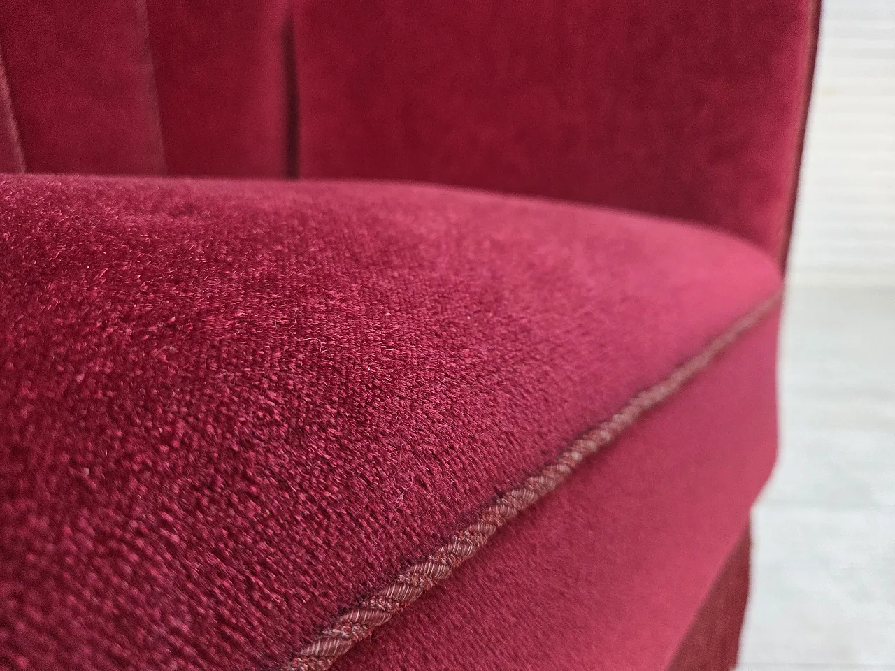 1960s, Danish 2-seater sofa, red furniture velour, ash wood legs. 15