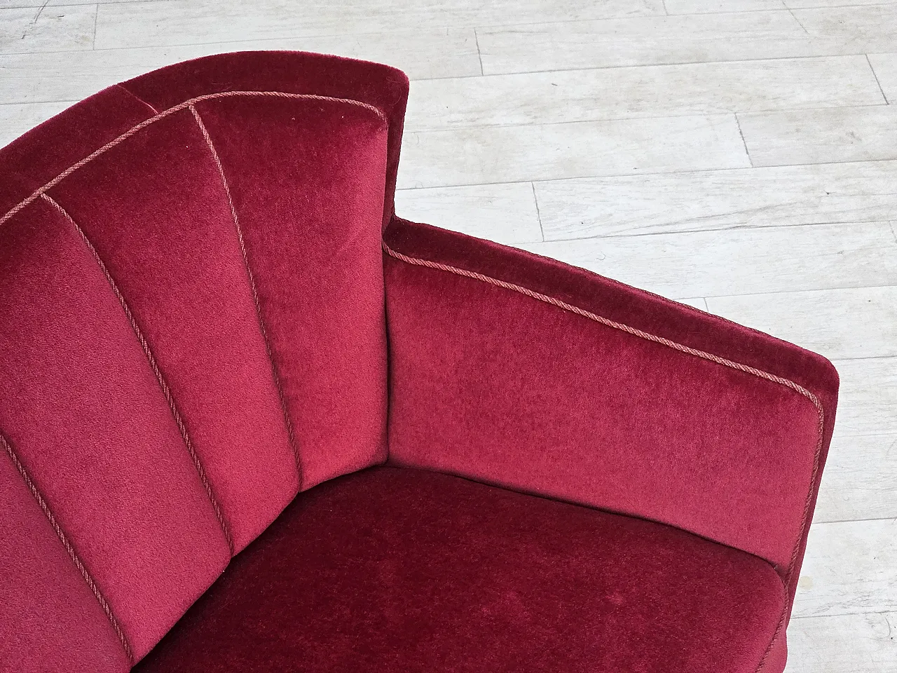 1960s, Danish 2-seater sofa, red furniture velour, ash wood legs. 16