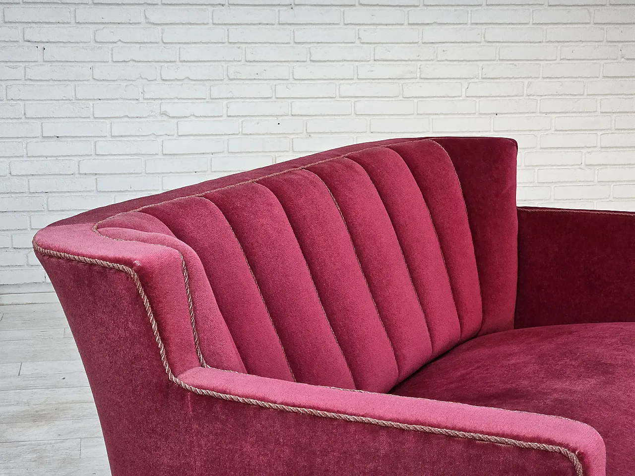 1960s, Danish 2-seater sofa, red furniture velour, ash wood legs. 17