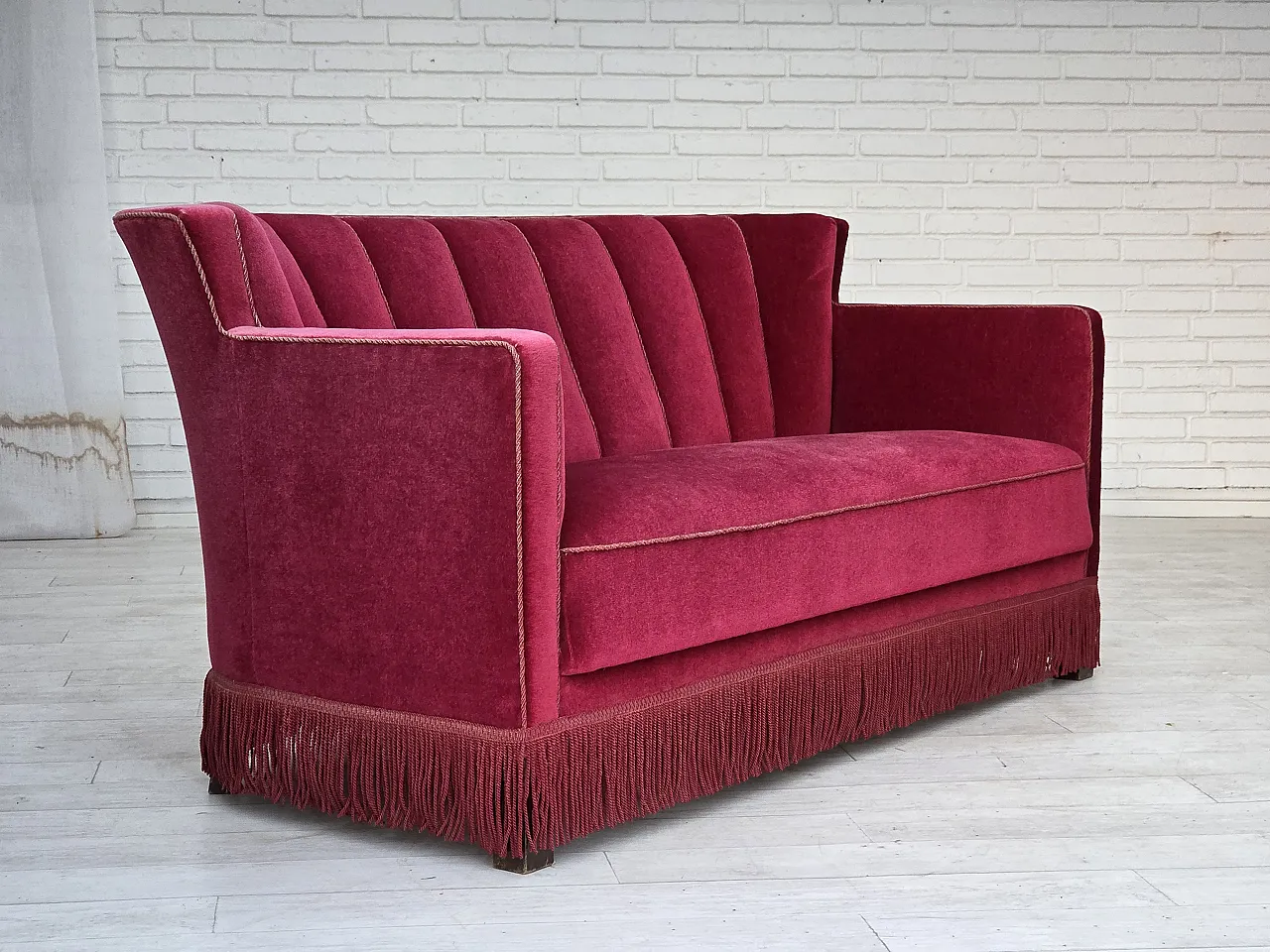 1960s, Danish 2-seater sofa, red furniture velour, ash wood legs. 18