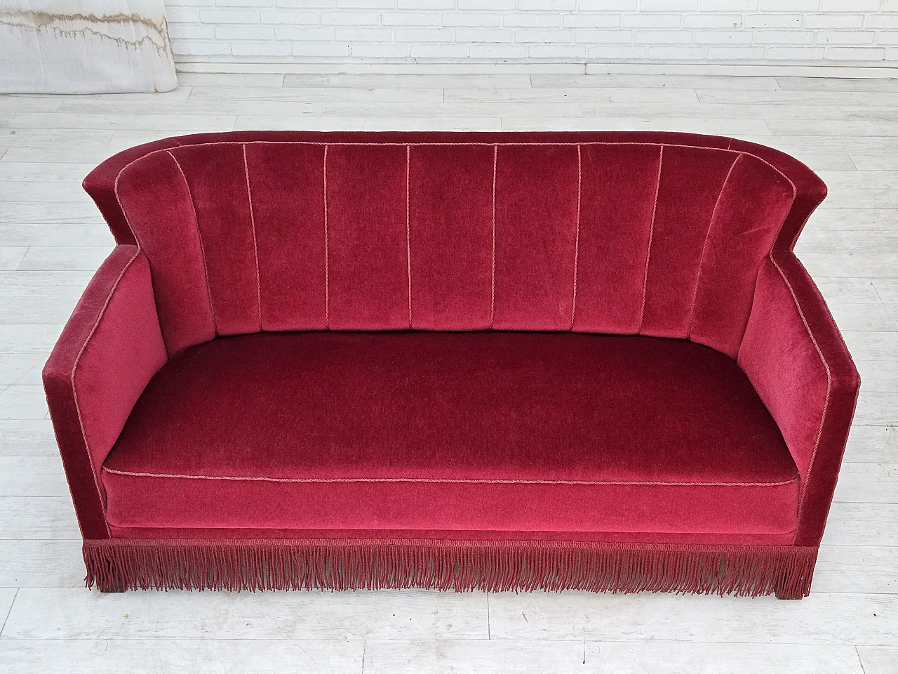 1960s, Danish 2-seater sofa, red furniture velour, ash wood legs. 19