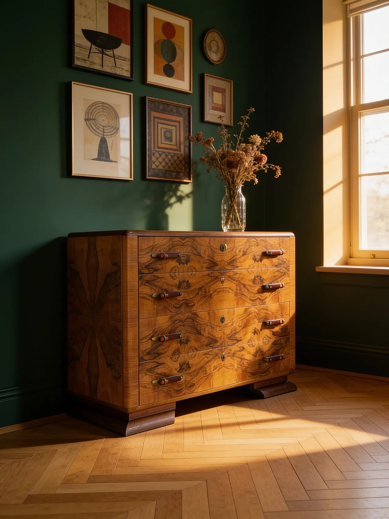 Italian art deco burl walnut chest of drawers, 1940s 1