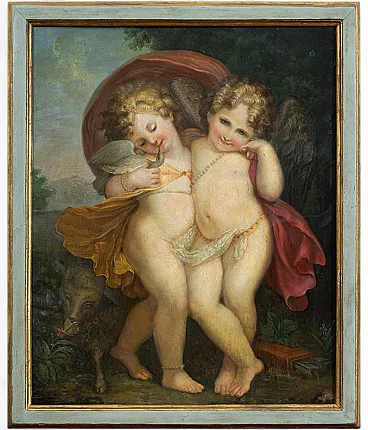 Putti, Neoclassical oil painting on panel, 18th century